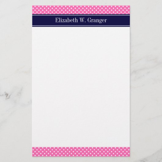 Hot Pink #2 Wt Polka Dots Navy Blue Name Monogram Briefpapier (Voorkant)