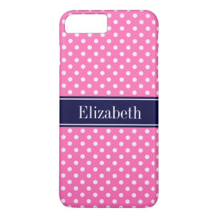 Hot Pink #2 Wt Polka Dots Navy Blue Name Monogram iPhone 8/7 Plus Hoesje