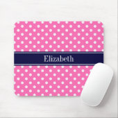 Hot Pink #2 Wt Polka Dots Navy Blue Name Monogram Muismat (Met muis)