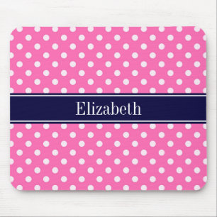Hot Pink #2 Wt Polka Dots Navy Blue Name Monogram Muismat