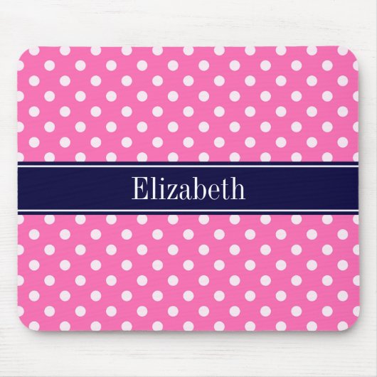 Hot Pink #2 Wt Polka Dots Navy Blue Name Monogram Muismat (Voorkant)