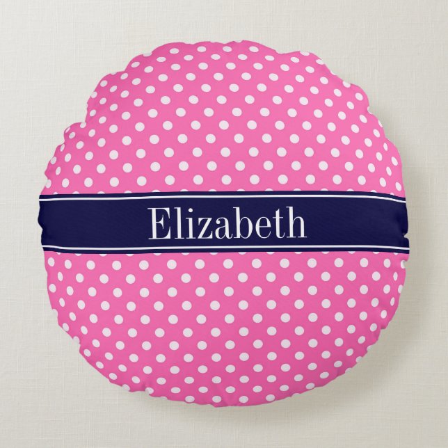 Hot Pink #2 Wt Polka Dots Navy Blue Name Monogram Rond Kussen (Voorkant)