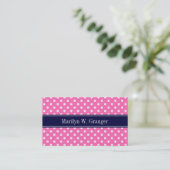 Hot Pink #2 Wt Polka Dots Navy Blue Name Monogram Visitekaartje (Staand voorkant)