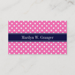 Hot Pink #2 Wt Polka Dots Navy Blue Name Monogram Visitekaartje