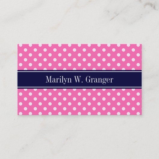 Hot Pink #2 Wt Polka Dots Navy Blue Name Monogram Visitekaartje (Voorkant)