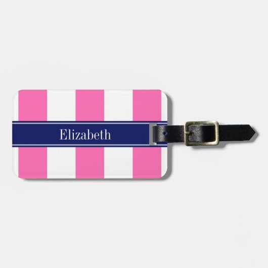 Hot Pink #2 XL Strepen, Navy 5c Naam Monogram Bagagelabel (Voorkant horizontaal)