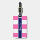 Hot Pink #2 XL Strepen, Navy 5c Naam Monogram Bagagelabel (Voorkant verticaal)