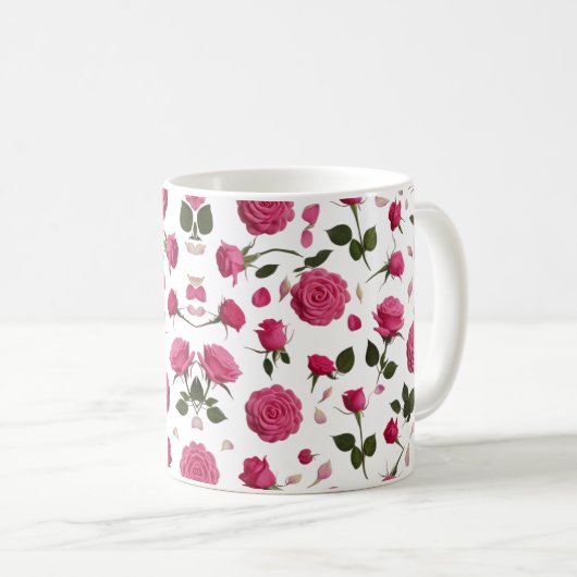 Hot Pink 3D Rose Pattern Classic Mug | Seamless Koffiemok (Voorkant rechts)