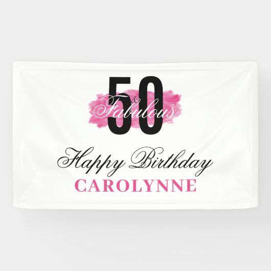 Hot Pink 50 en Fabulous Waterverf Verjaardag Spandoek (Horizontaal)