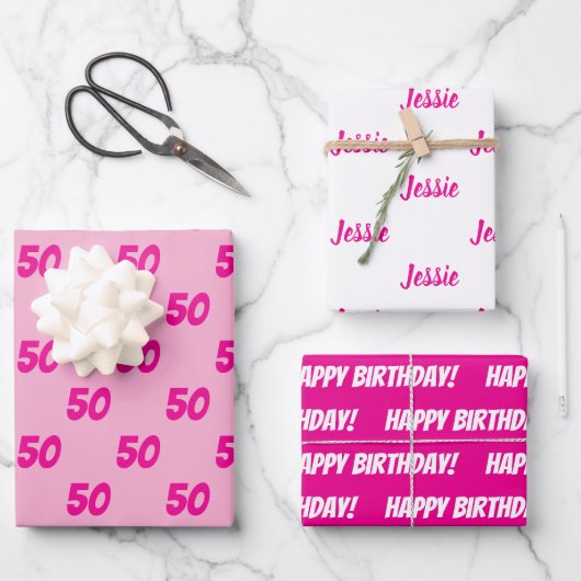 HOT PINK 50th Happy Birthday Aangepaste naam Inpakpapier Vel (Voorkant)