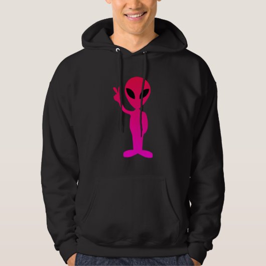 Hot Pink Alien op Zwart Hooded Sweatshirt (Voorkant)