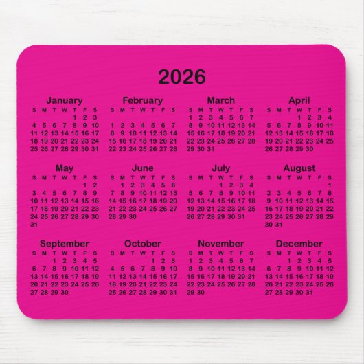 Hot Pink and Black 2026 Calendar Muismat (Voorkant)