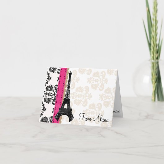 HOT PINK AND BLACK DAMASK EIFFEL TOWER THANK YOU BEDANKKAART (Voorkant)