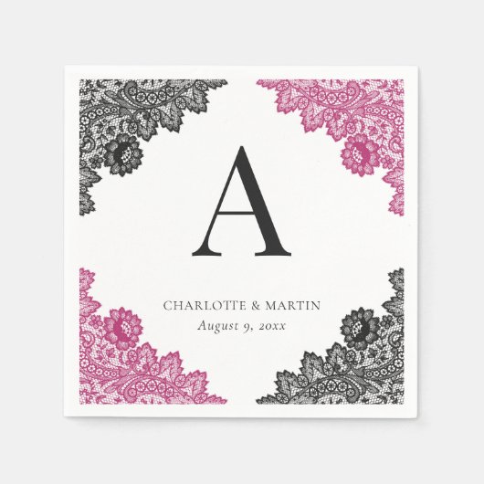 Hot Pink and Black Floral Lace Monogram Wedding Servet (Voorkant)