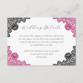 Hot Pink and Black Floral Lace Wedding Details Informatiekaartje