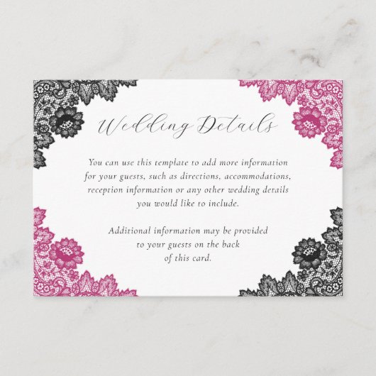 Hot Pink and Black Floral Lace Wedding Details Informatiekaartje (Voorkant)