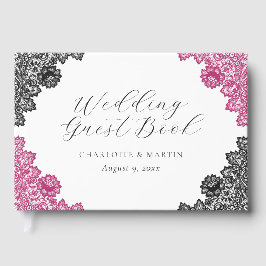 Hot Pink and Black Floral Lace Wedding Gastenboek