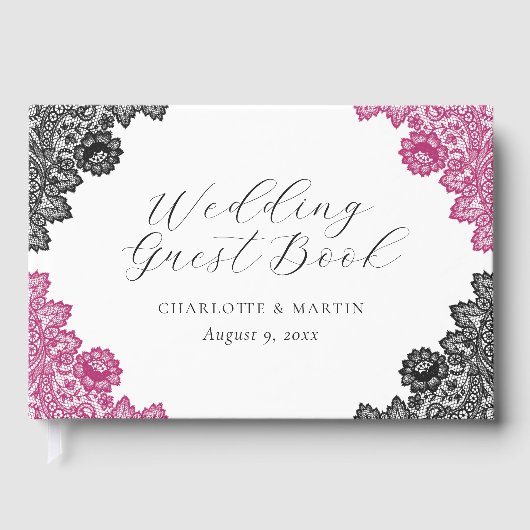 Hot Pink and Black Floral Lace Wedding Gastenboek (Voorkant)