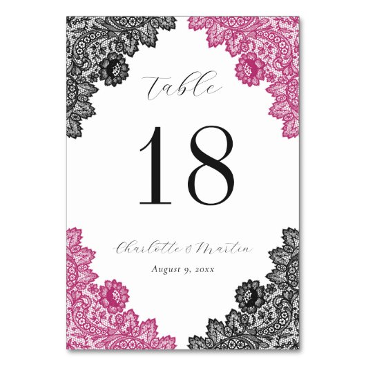 Hot Pink and Black Floral Lace Wedding Kaart (Voorkant)