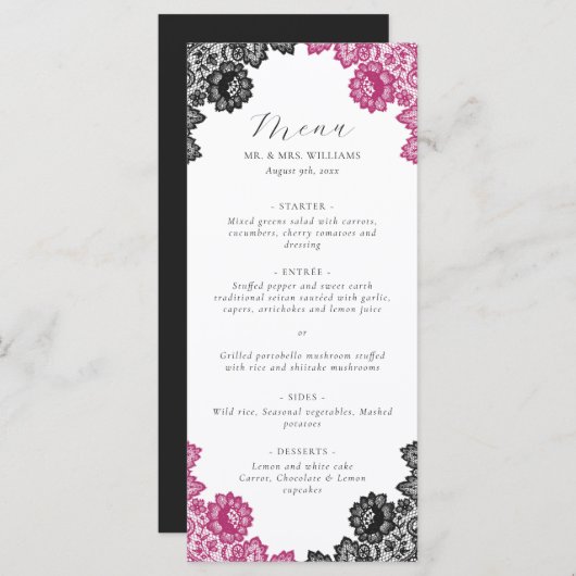 Hot Pink and Black Floral Lace Wedding Menu (Voorkant / Achterkant)