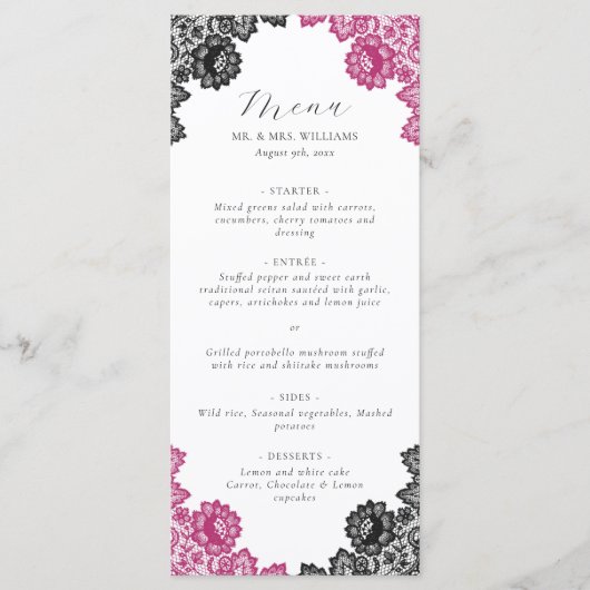 Hot Pink and Black Floral Lace Wedding Menu (Voorkant)