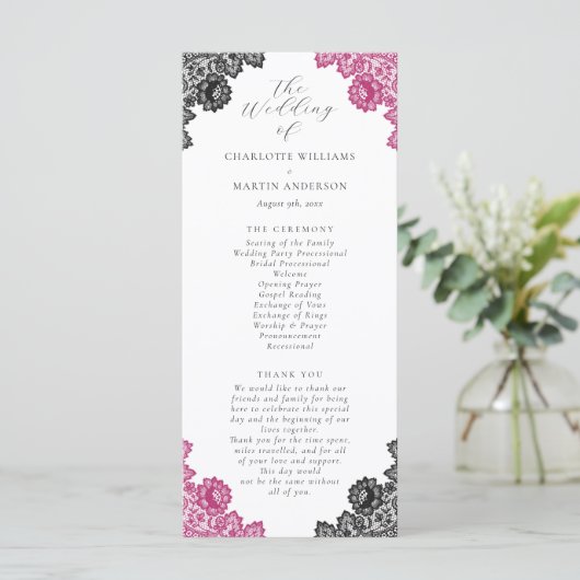 Hot Pink and Black Floral Lace Wedding Programmakaart (Staand voorkant)
