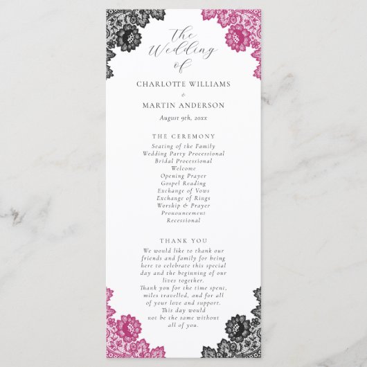 Hot Pink and Black Floral Lace Wedding Programmakaart (Voorkant)