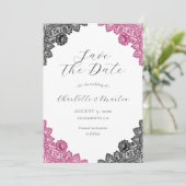Hot Pink and Black Floral Lace Wedding Save The Date (Staand voorkant)