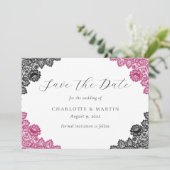 Hot Pink and Black Floral Lace Wedding Save The Date (Staand voorkant)