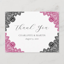 Hot Pink and Black Floral Lace Wedding Thank You Briefkaart