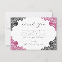 Hot Pink and Black Rustic Floral Lace Wedding Bedankkaart