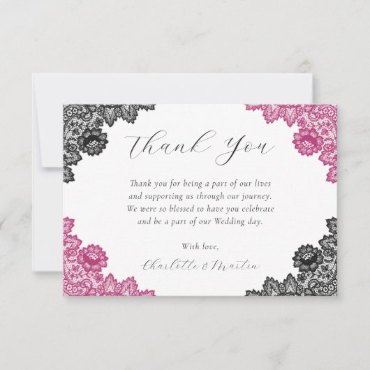 Hot Pink and Black Rustic Floral Lace Wedding Bedankkaart (Voorkant)