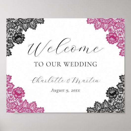 Hot Pink and Black Wedding Welcome Sign Poster (Voorkant)