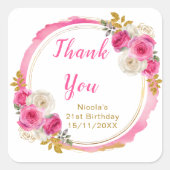 Hot Pink and Gold Elegant Flowers Birthday Party Vierkante Sticker (Voorkant)