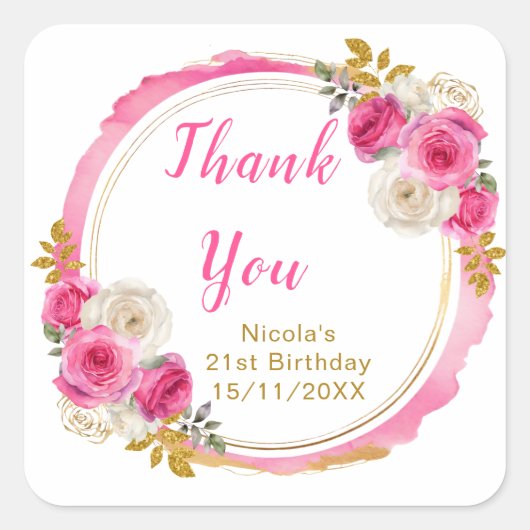 Hot Pink and Gold Elegant Flowers Birthday Party Vierkante Sticker (Voorkant)