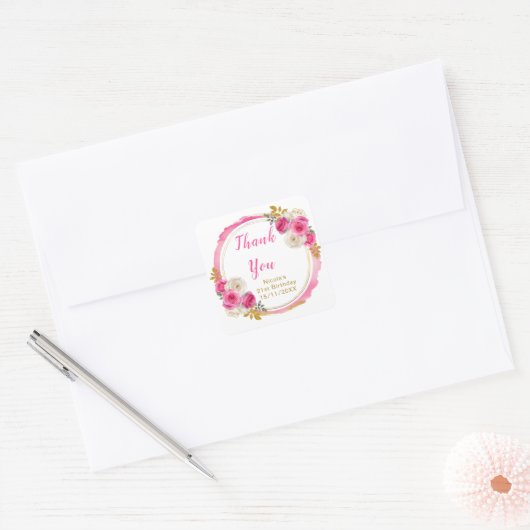 Hot Pink and Gold Elegant Flowers Birthday Party Vierkante Sticker (Envelop)