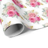 Hot Pink and Gold Elegant Flowers Cadeaupapier (Rol Hoek)