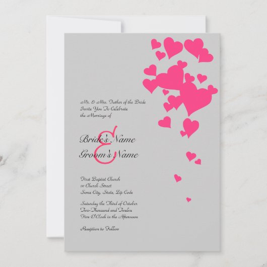 Hot Pink and Gray Hearts Wedding Invitation Kaart (Voorkant)