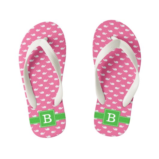 Hot Pink and Green Whales Square Monogram Kinder Teenslippers (Voetbed)