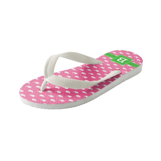Hot Pink and Green Whales Square Monogram Kinder Teenslippers (Schuin)