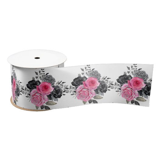 Hot Pink and Silver Elegant Flowers Satijnen Lint (Spoel)
