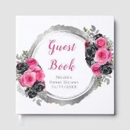 Hot Pink and Silver Elegant Flowers Sweet Sixteen Gastenboek