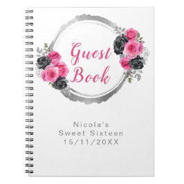 Hot Pink and Silver Elegant Flowers Sweet Sixteen Notitieboek