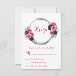 Hot Pink and Silver Elegant Flowers Sweet Sixteen RSVP Kaartje