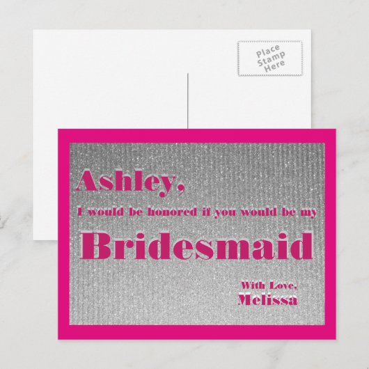 Hot Pink and Silver - Wil jij mijn bruidsmeisje zi Uitnodiging Briefkaart (Voorkant / Achterkant)