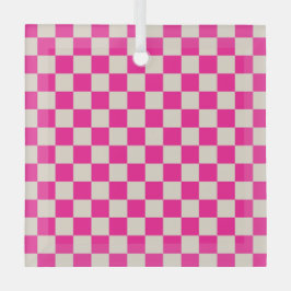 Hot pink and tan checkerboard pattern glas ornament