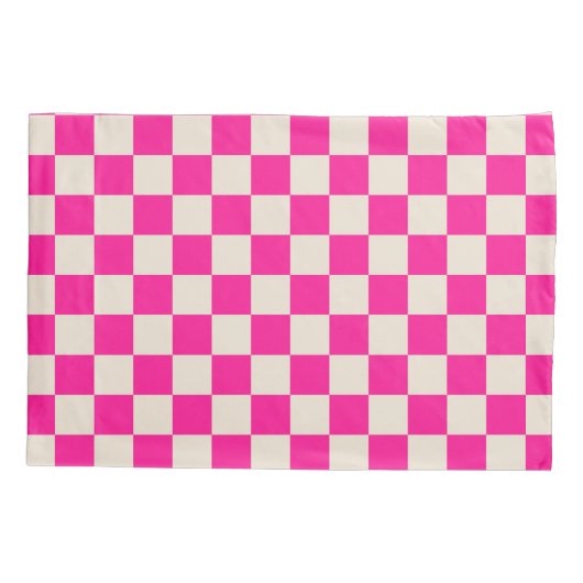 Hot pink and tan checkerboard pattern kussensloop (Achterkant-Links)