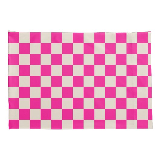 Hot pink and tan checkerboard pattern kussensloop (Achterkant-Rechts)