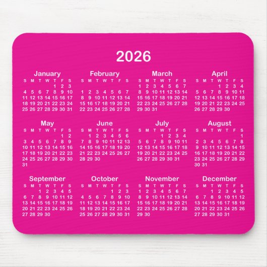 Hot Pink and White 2026 Calendar Muismat (Voorkant)