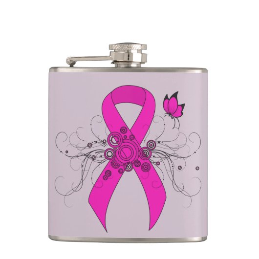Hot Pink Awareness Ribbon met Butterfly Heupfles (Voorkant)